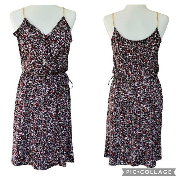 Michael Kors Red White Floral V-Neck Wrap Golden Chain Straps Women Dress Size M - Picture 1 of 15